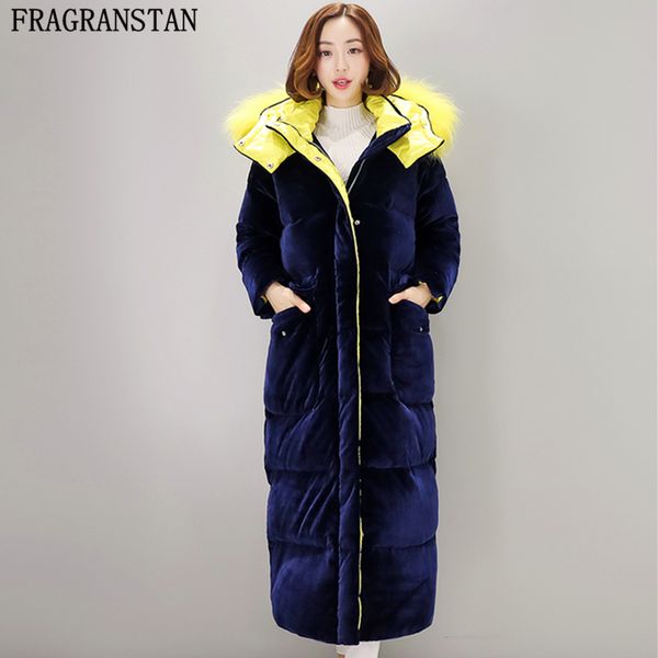 

2019 women winter new thick warm velour white duck down jacket fur collar hooded parkas female casual slim x-long coat ly552, Black