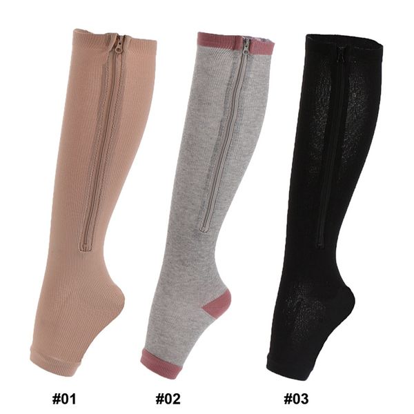 

1 pair support open toe compression socks stretchy zipper leg knee stockings calf leg varicosity support elastic socks, Black