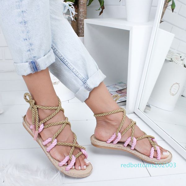 

women's summer beach weaving sandals soft new fashion rope toecross tied shoes contrast color female large footwear r03, Black