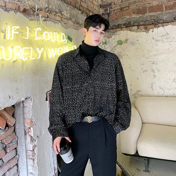 

men vintage fashion long sleeve velvet thick shirt cardigan male loose casual streetwear hip hop dress shirt, White;black