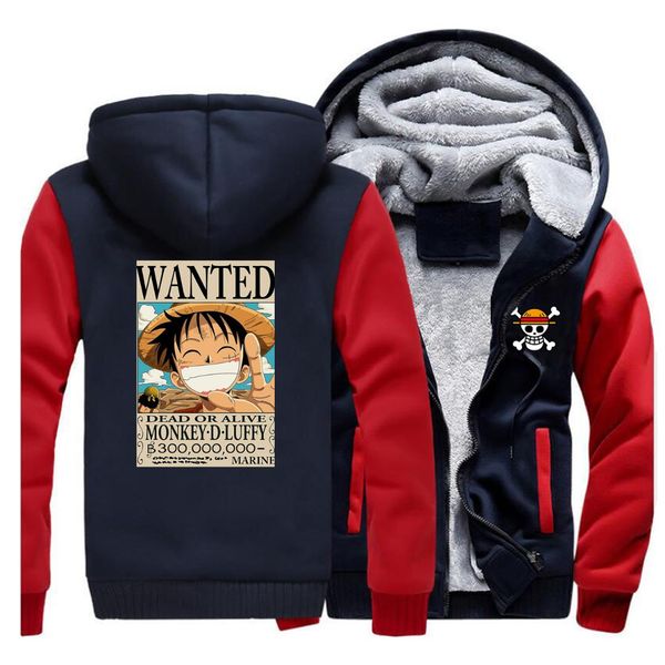 

one piece mens raglan hoodies winter fleece warm man zipper jacket funny wanted poster hoodie sweatshirts men hip hop streetwear, Black