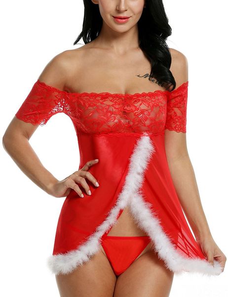 XMAS Ladies Sexy Babbo Natale Lingerie di pizzo rosso Intimo babydoll da donna XS-M # R45