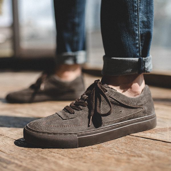 

maden suede men sneakers khaki dark grey split leather shoes sporty low-casual england style all-matching non-slip lace-up, Black
