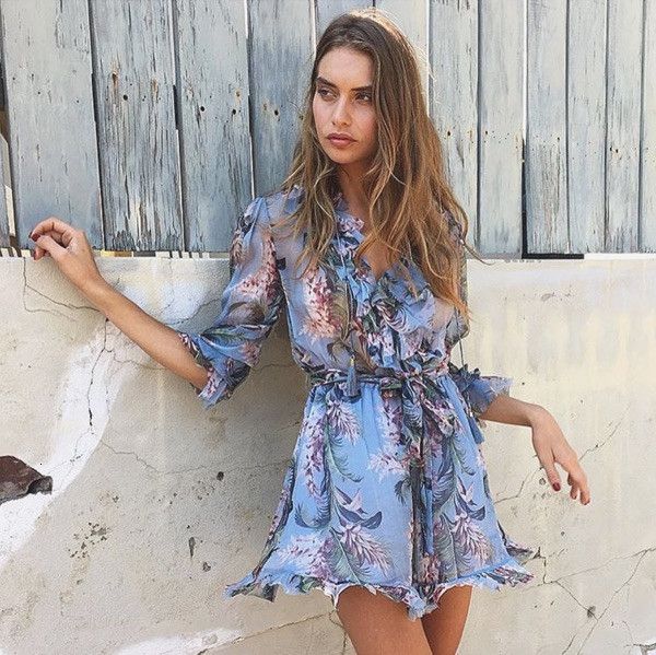 

высокое качество сексуальных женщин runway печати эластичный пояс rompers лето flare с длинным рукавом сыпучие boho бич комбинезоны, Black;white