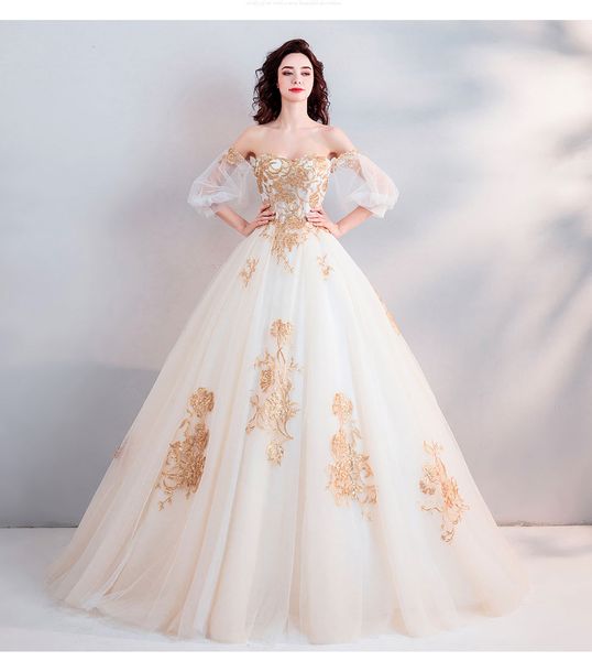 2019 New Gold Lace Ball Gown Abito da sposa maniche corte dalla spalla Dubai Arabic Donne Principessa Non Bianco Abiti da sposa a buon mercato