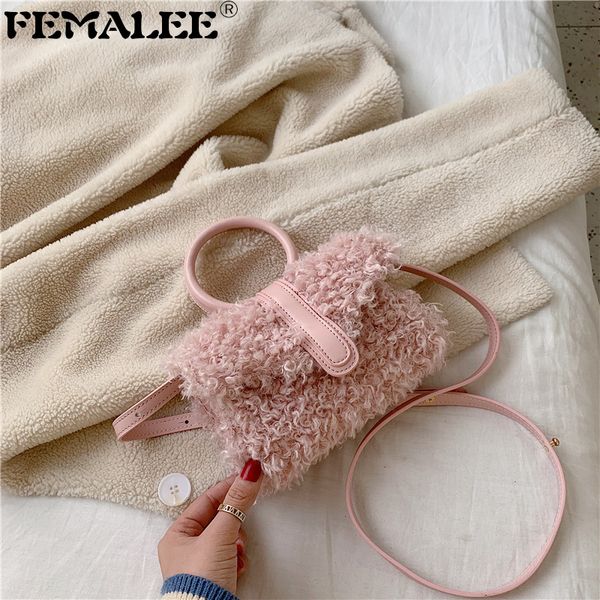 

women winter lambswool shoulder bags korean fashion lady chain crossbody bag faux fur plush cony hair mini tote bags female