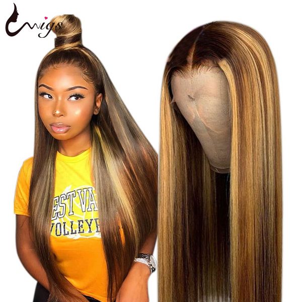 

uwigs 4/27 highlight straight lace front wig 13x4&13x6 glueless colorful human hair wig pre plucked brazilian remy hair wigs, Black;brown