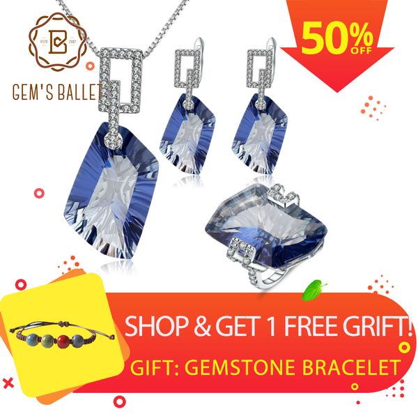 

gem's ballet natural iolite blue mystic quartz irregular geometric jewelry sets 925 sterling silver necklace earrings ring set, Black