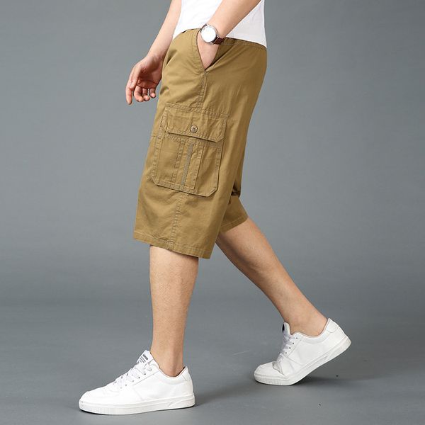 

mens designer middle-aged and elderly casual shorts cotton capri pants loose straight solid color versatile tooling pants3xwf, Black