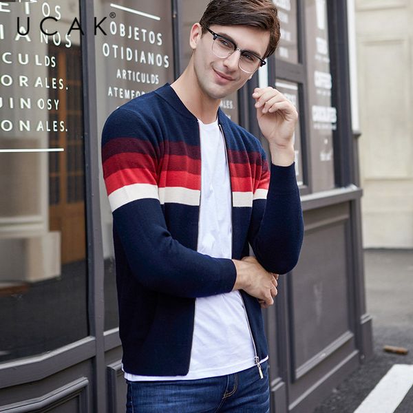 

ucak brand merino wool sweater men autumn winter warm cashmere cardigan men streetwear young fashion striped sweater coat u3050, White;black