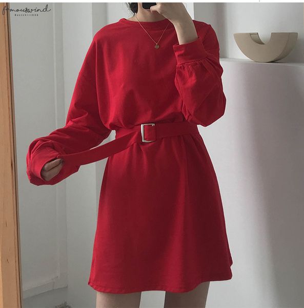 

7 colors 2020 spring and autumn solid color long sleeve dress women korean style dress women with belt x218, Black;gray