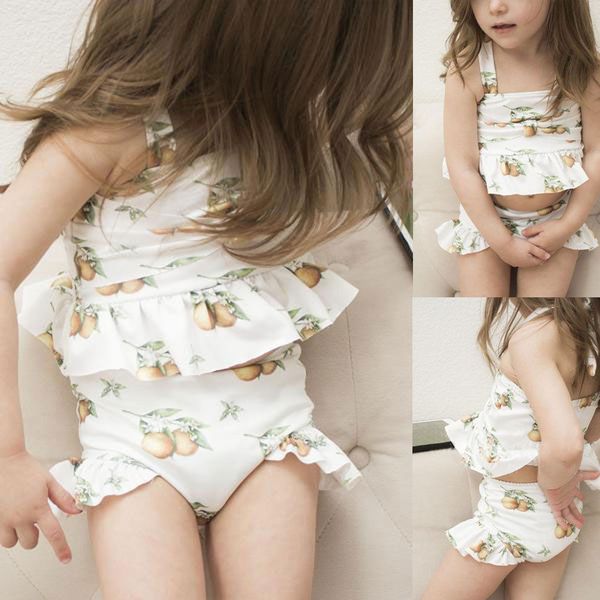 

2019 new summer child fruit printed swimwear 2pcs kids girls spaghetti strap ruffles swimwear swimsuit briefs beachwear bathing