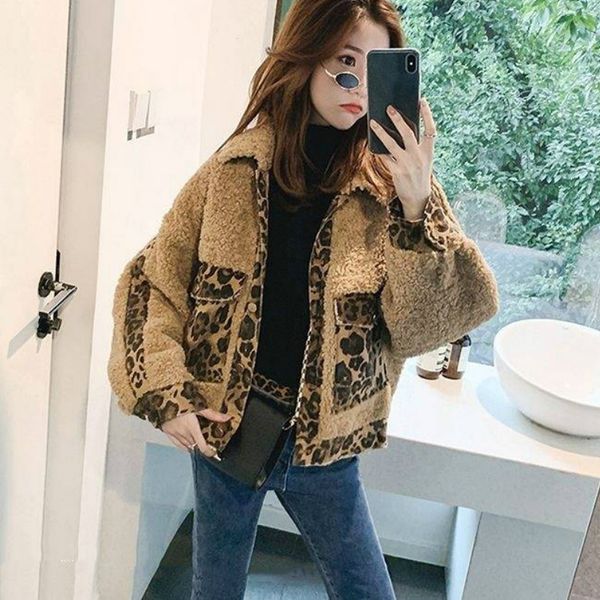 

women short faux lamb fur jacket autumn winter leopard coat, Black;brown