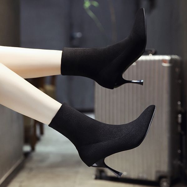 

autumn boots shoes lace up booties ladies winter women pointy stockings high heel rubber mid calf 2019 mid-calf cotton fabric ro, Black