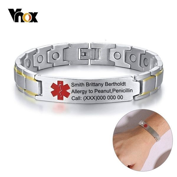 

vnox personalized engraving medical alert id bracelets for men 12mm stainless steel magnetic bracelets therapy jewelry, Golden;silver