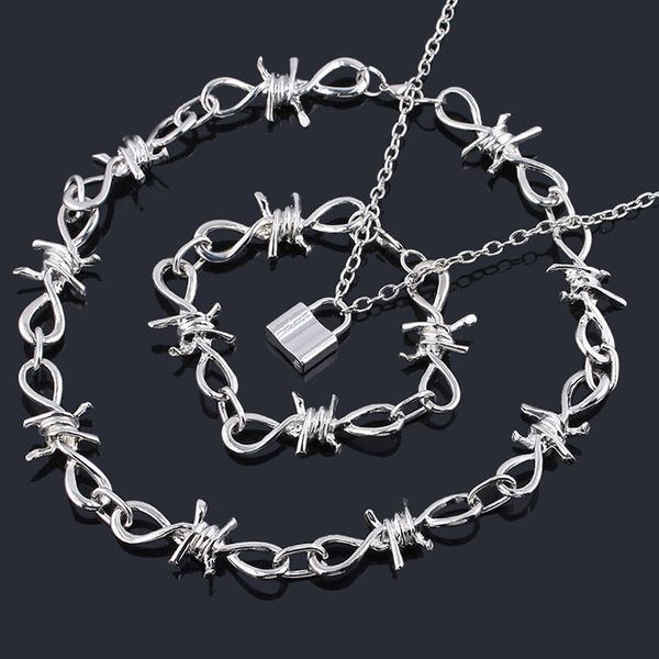 

sg punk thorns necklace padlock barbed wire bramble lock rock chain bracelet oorbellen hip hop collar lady girl fashion jewelry, Silver