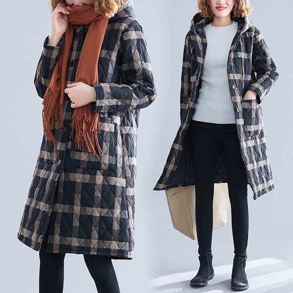 

2019 winter new style large size dress thick cotton-padded jacket artistic mid-length warm coat cotton linen cotton-padded cloth, Blue;black