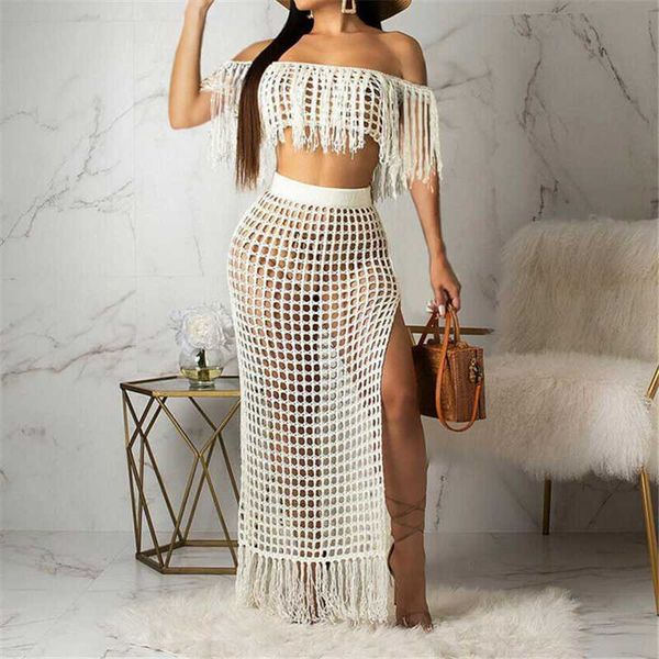

2pcs women cover up tassels crop long skirt beach dress sundress bikini cover up solid bathing suit cover-ups beach wear