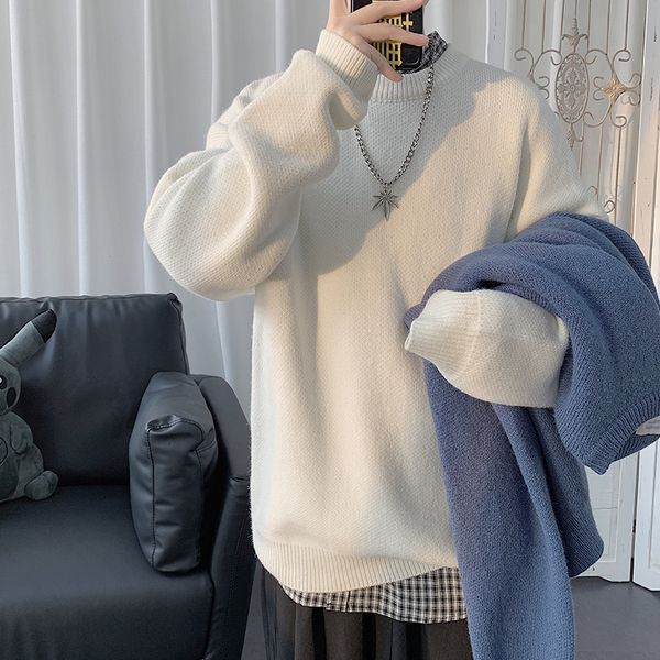 

winter new thick sweater men warm fashion solid color casual knitted pullover man wild loose long sleeve sweater male clothes, White;black