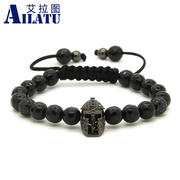 

ailatu 8mm faceted black onyx beads with micro paved zircons balls helmet spartan braided mens cz bracelets, Golden;silver