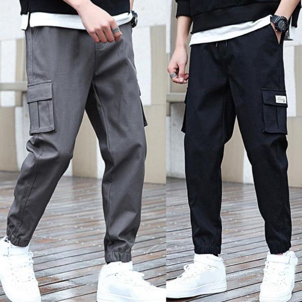 

men solid color multi-pocket drawstring ankle banded long cargo pants trousers waist drawstring breathable great biertday gifts, Black