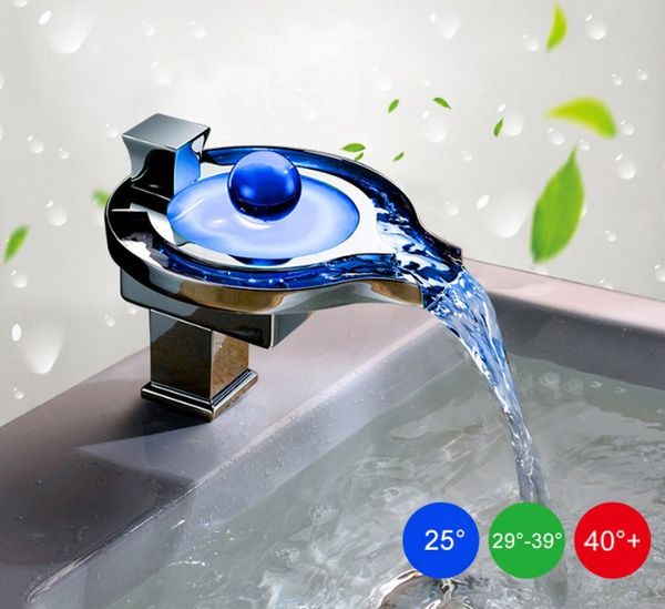 

OKAROS LED Faucet LED Bathroom Basin Faucet Brass Chrome Finished Waterfall Taps Water Power Basin Tap Mixer Torneira