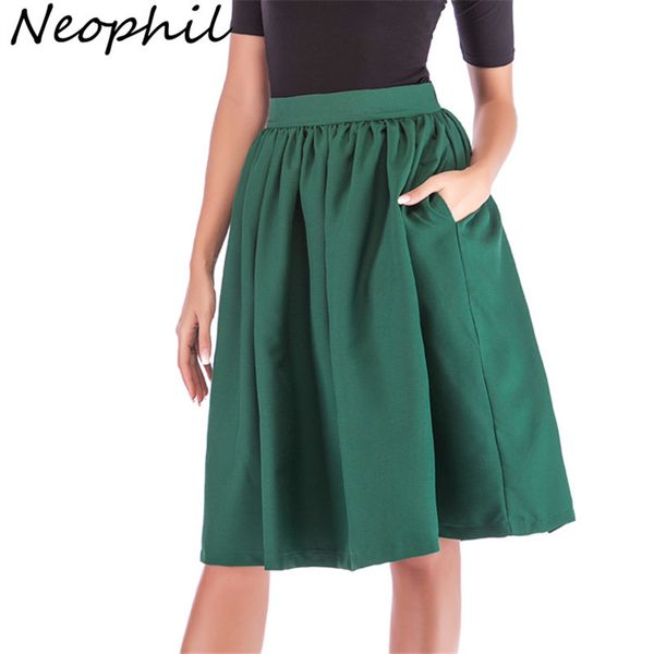 

neophi 2020 summer pleated pockets women midi skirts high waist  vintage style black red ladies skater skirt longa saia s1111