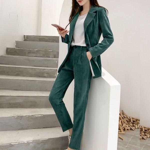 

korean s-xl plus size corduroy autumn blazer suit female notched long blazer coat+button pencil pant two piece set for women, White;black