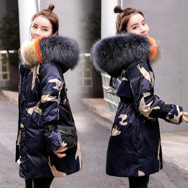 

female winter new style 2019 women's dress korean cotton-padded clothes version waist hugging slimming warm fashion camouflage t, Blue;black