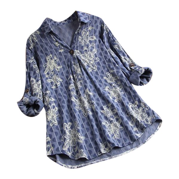 

shirt for woman 2019 vintage cotton fashion women floral polka dot print long sleeve vintage plus size shirt camisas mujer, White