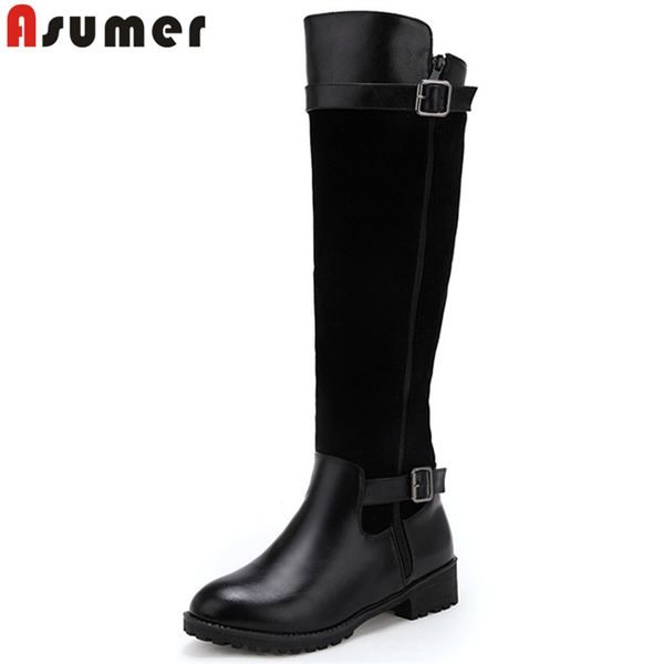 

asumer plus size 34-47 knee high boots women round toe autumn winter boots zip med heels ladies shoes pu+flock women, Black