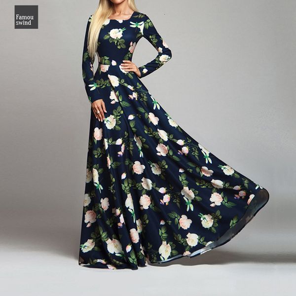 

платья линия женщин цветочные printed платье моды с длинным рукавом o шеи sexy длинные весна лето elegant партии vestidos de, Black;gray