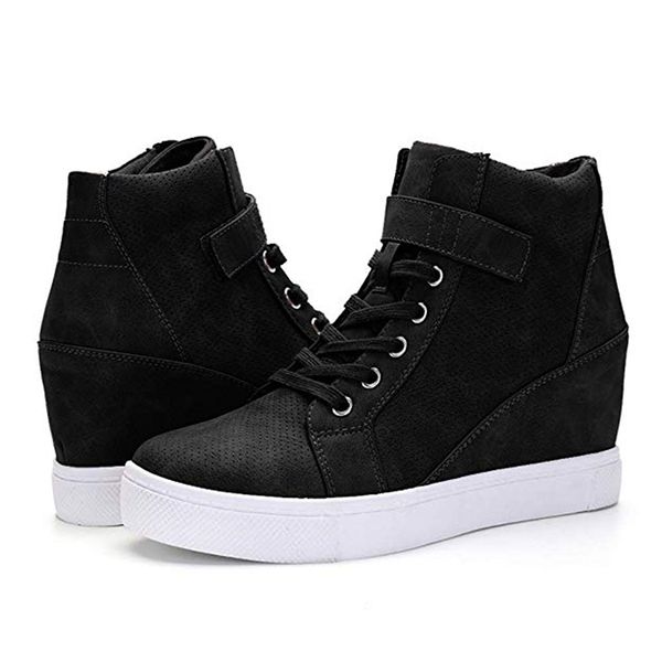 

women's autumn sneakers women's high increasing female cross lace up suede hook loop shoes ladies platform plus size footwear, Black