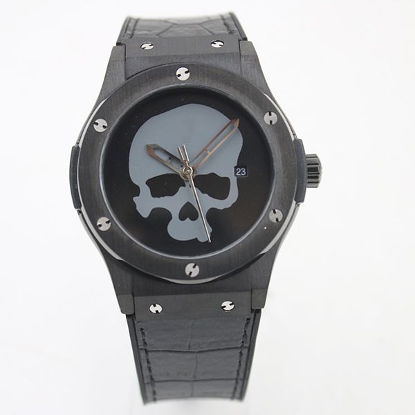 

black 42mm classic skull mens watches automatic mechanical watches transparent back rose gold case leather strap floding clasp, Slivery;brown