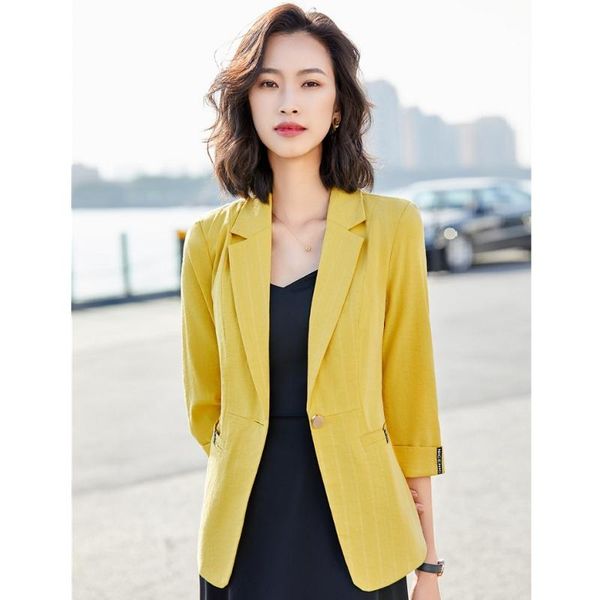 

spring summer fashion casual yellow blazer women half sleeve jackets slim office ladies work wear uniform styles, White;black