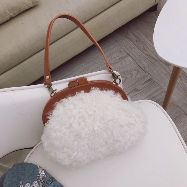 

real fur bag wooden handle clip bag buckle women shoulder crossbody bags clutch purse bolso lady handbag