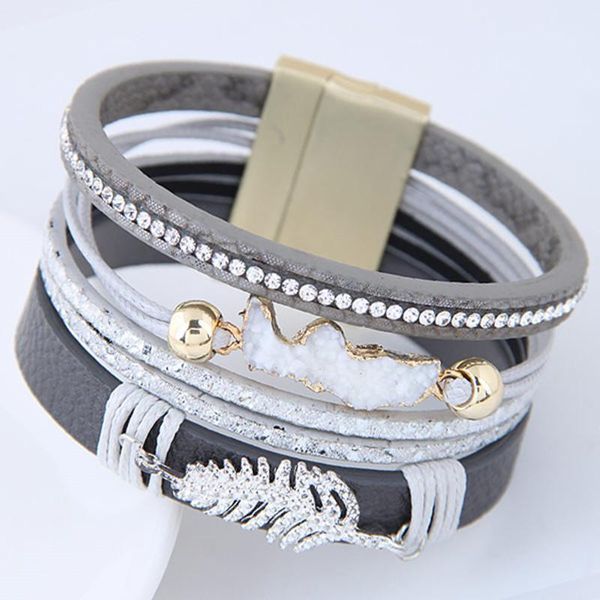 

diezi fashion punk multilayer leather leaves wide wrap bracelets for women men velvet rhinestone magnet buckle bracelets bangles, Golden;silver