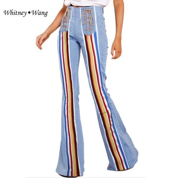 

whitney wang 2019 fashion streetwear high waist lace up striped flare pants jeans women stylish denim pants, Blue