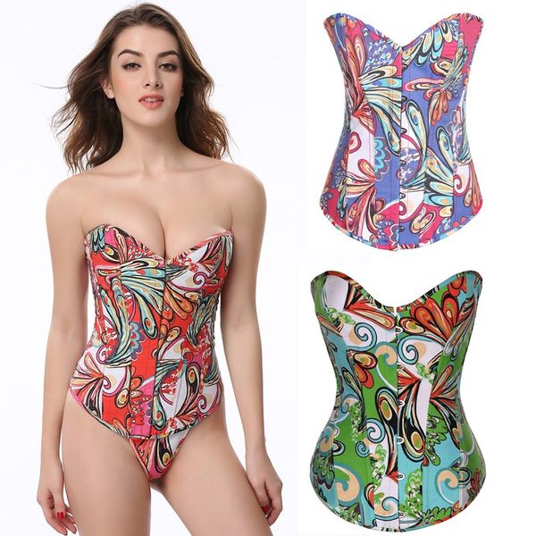 

colorful printed overbust corset women no trim vivid floral lace-up padded bustier fashion daily corset slim body waist cincher shapewears, Black;white