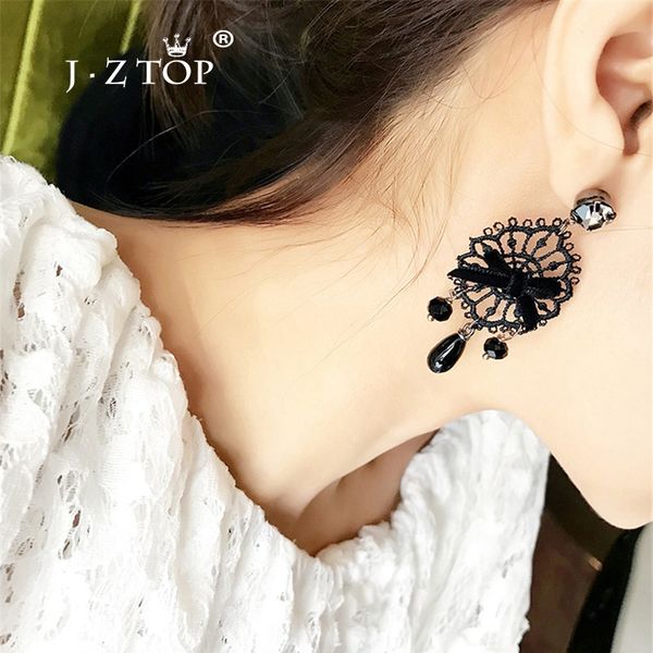 

jzwomen black openwork lace bow stud earrings fashion long crystal pendant earrings gothic bijoux accessories, Golden;silver