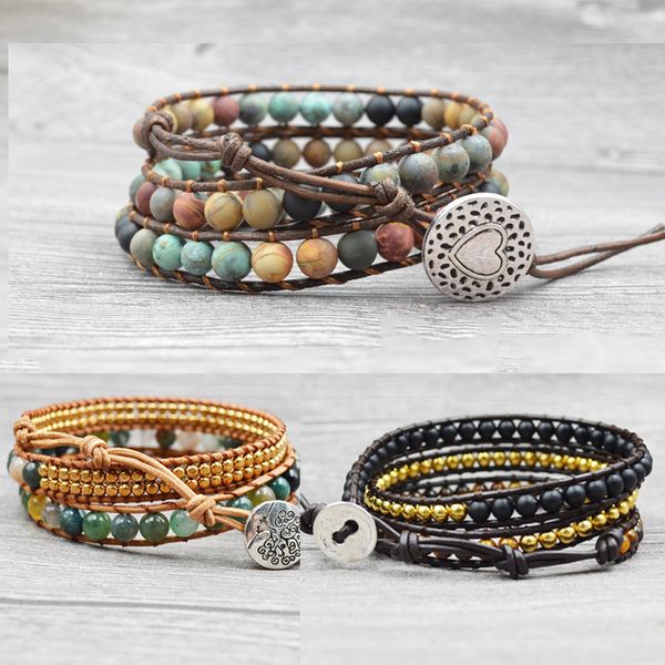 

multilayer bracelet bead multilayer leather wrap natural stone european charm bracelet bead stone leather magnetic bracelet woman jewelry, Black