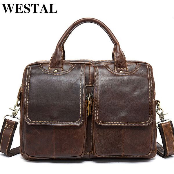 

westal men's bag genuine leather men's shoulder bags male leather lapbriefcase messenger/crossbody bags for men handbag 8002 cj191