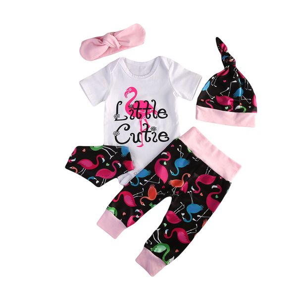 

2017 года новорожденный baby girl 5шт хлопка маленький милый одежда jmpsuit flamingo ромпер короткие рукава длинные брюки bib стяжкой hat эп, White