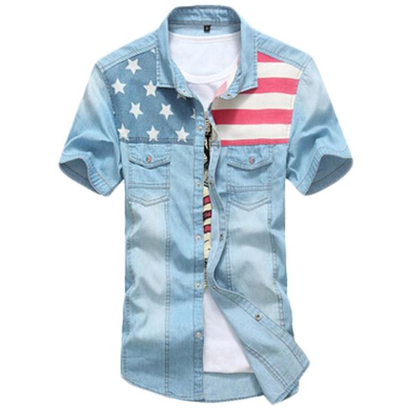 

wholesale-2016 brand men shirts american flag cotton turn-down collar denim shirts men short sleeved male denim shirts 33hfx, White;black