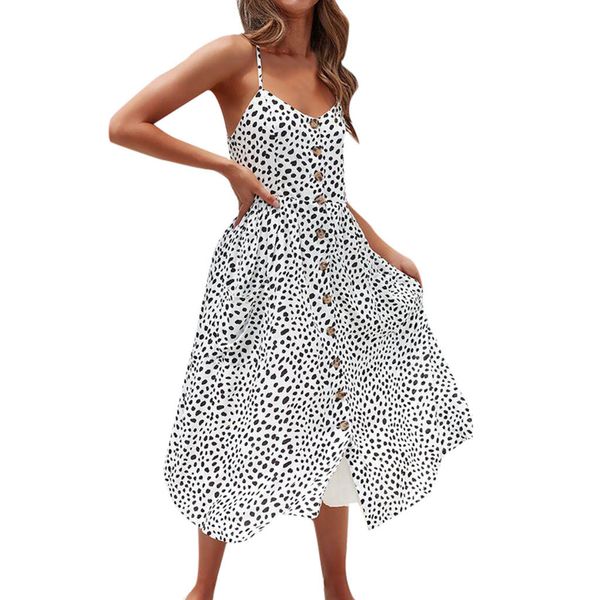 

women polka dot dress summer pockets buttons up vacation beach dresses spaghetti strap high waist mid-calf dress, Black;gray