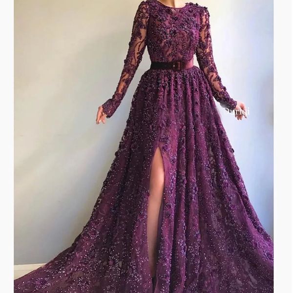 

purple prom dresses crew neckline lace beading sequins lace long sleeve evening dresses arabic party dresses, Black;red
