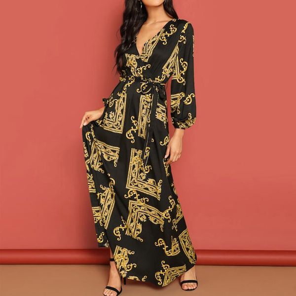 

женщины довольно платье мода boho платье v-образный вырез с длинным рукавом платье печати фонарь рукав wrap пяты mujer женских # t1g, Black;gray