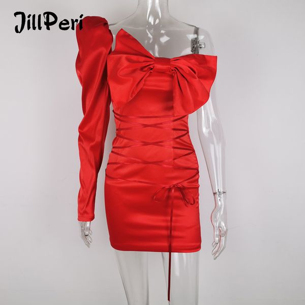 

jillperi women slash neck one shoulder mini dress structured bow red celebrity birthday party dress cross strap puff outfit, Black;gray