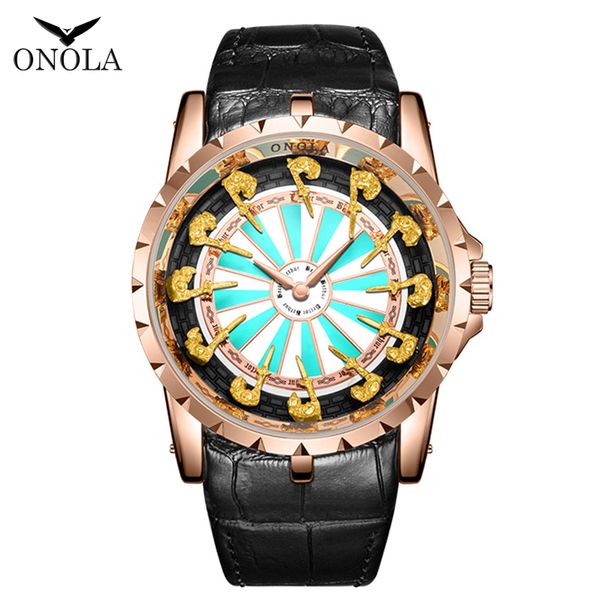 

onola fashion luxury watch man 2019 new classic brand rose gold quartz wristwatch leather waterproof cool style color man watch, Slivery;brown