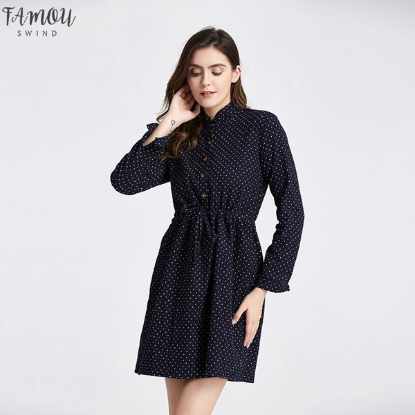 

2020 new fashion women causal polka dot dress medium-long stand collar slim elastc waist a line dress dropshipping, Black;gray